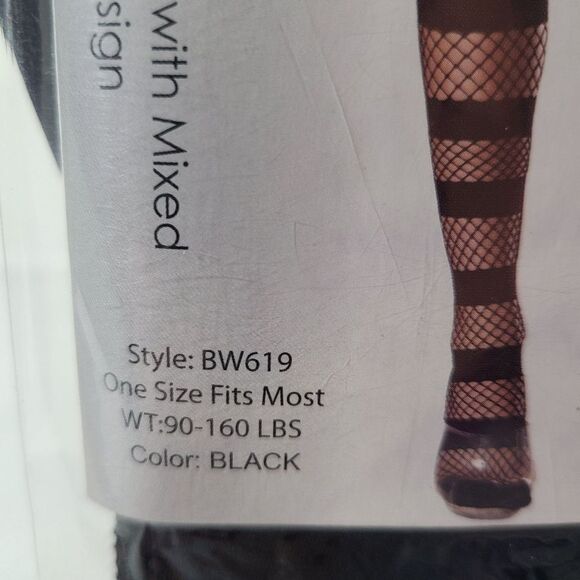 NWT BeWicked Black Nylon Knee Highs Mixed Fishnet One Size Goth Sexy - Picture 4 of 5